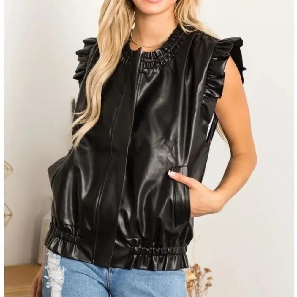 Joh Jaide Black Faux Leather Sleeveless Ruffle Vest Women's Med